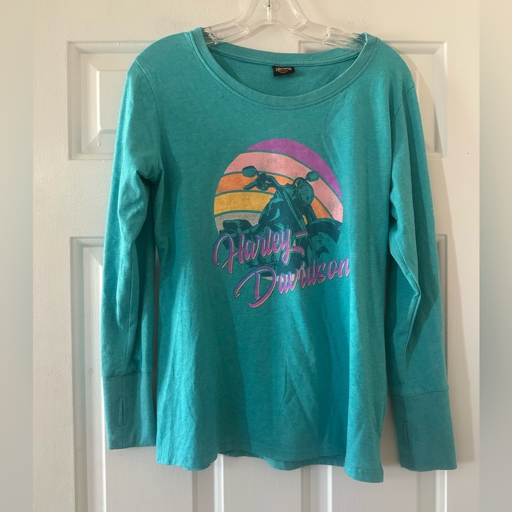 Harley-Davidson Teal Long Sleeve Graphic T-Shirt Sunset Motorcycle‎ Medium.